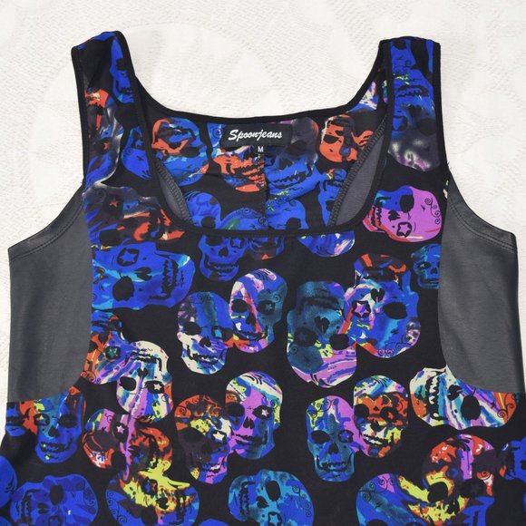Spoon Jeans Sugar Skull High Low Peplum Tank Top Blouse Neon Colors Blue Black M - Picture 5 of 14